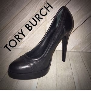 TORY BURCH Black Leather Round Toe Platform Pumps